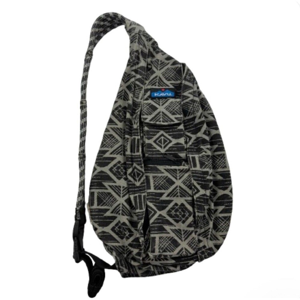 KAVU Rope Sling Backpack Black Gray Tribal Geometric Crossbody Festival